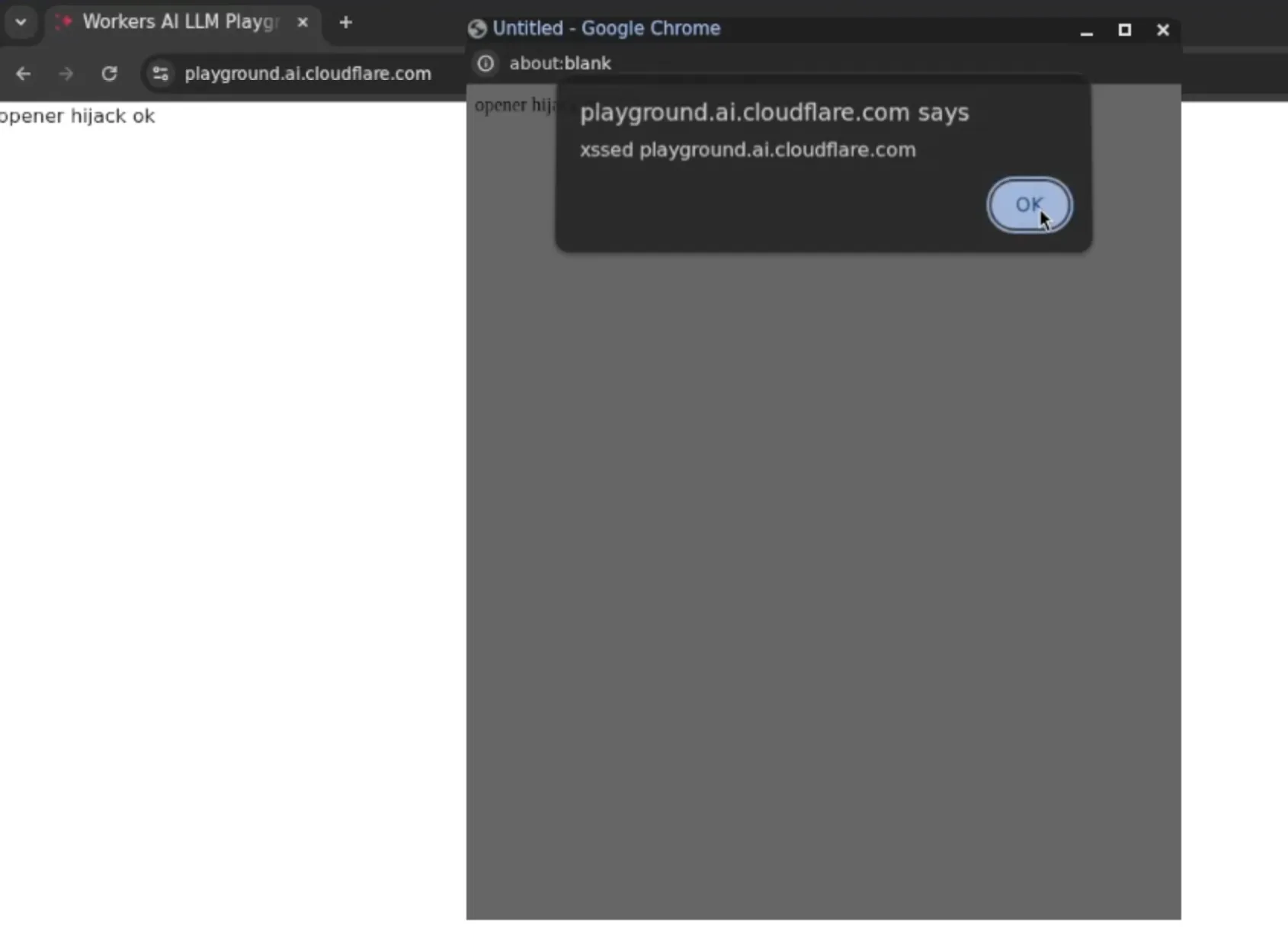 an XSS alert shows in a pop up window while a tab's content is replaced with the text "opener hijack ok"